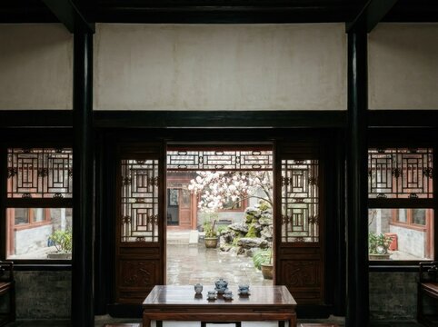 Historic Chinese courtyard shophouse hall with carved ancestral altar screen and courtyard airwell