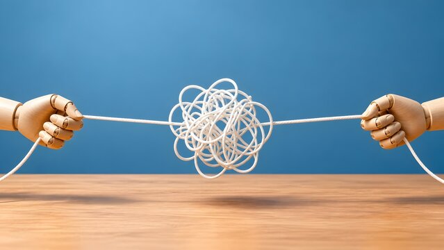 Articulated wooden hands pulling tangled rope knot conceptualizing manual struggle and physical conflict
