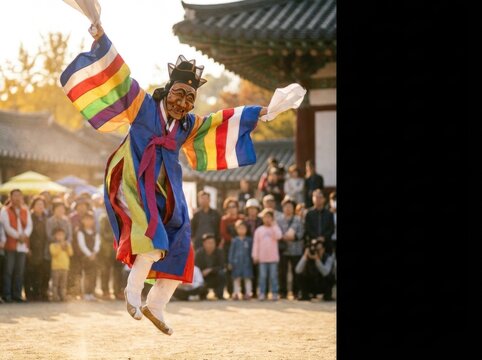Traditional Korean folk dancer performing dynamic mid-air leap in colorful flowing saekdong hanbok