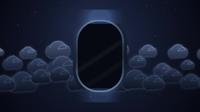 Airplane Window View Animation with Floating Stylized Dark Clouds against a Night Sky Background for Travel and Aviation Themed Motion Graphics