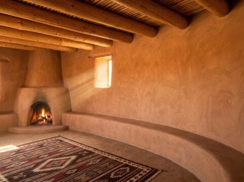Traditional Southwestern pueblo adobe interior with corner kiva fireplace and woven tribal rug