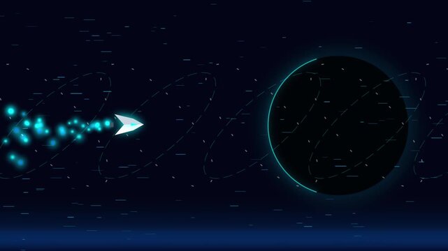 Futuristic animation of a glowing white paper plane icon flying across deep space towards a dark orbital planet with neon trail particle effects