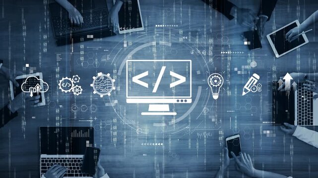 Modern web development concept featuring coding symbols, web development process, web development interface, and web development tools with futuristic design. Muxer