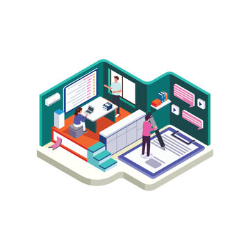 Isometric Modern Classroom with Students Using Laptops and Teacher Explaining