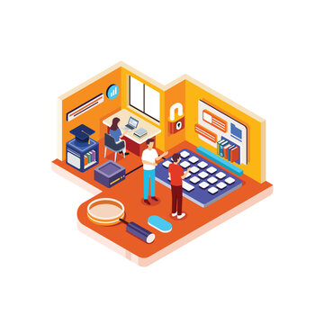 Isometric Smart Industry Scene With Technical Study And Security System