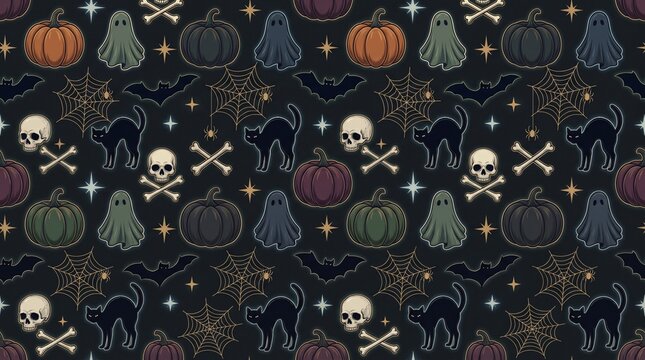 Seamless Halloween pattern with spooky ghosts pumpkins skulls and black cats on dark background for seasonal holiday design and festive decor