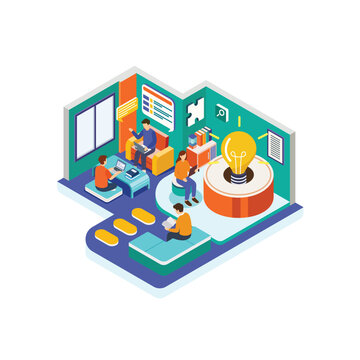 Isometric Creative Workspace with Students Learning Technology