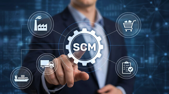 Businessman pressing SCM button on virtual screen for supply chain management