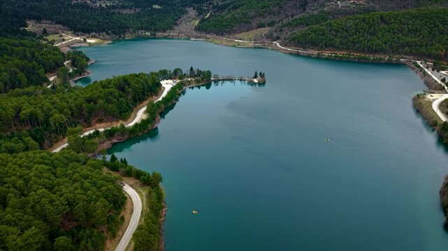 Aerial Orbit of Doxa Lake Lakeside Road, Feneos, Corinthia, Greece