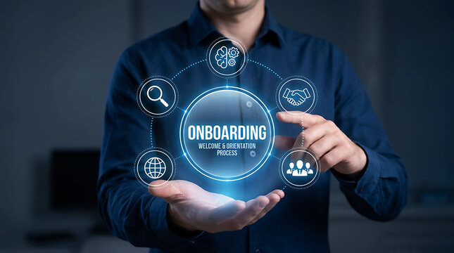 Businessman interacting with digital onboarding and orientation process graphics