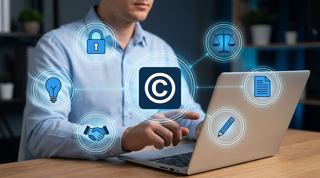 Businessman interacting with digital copyright and intellectual property icons