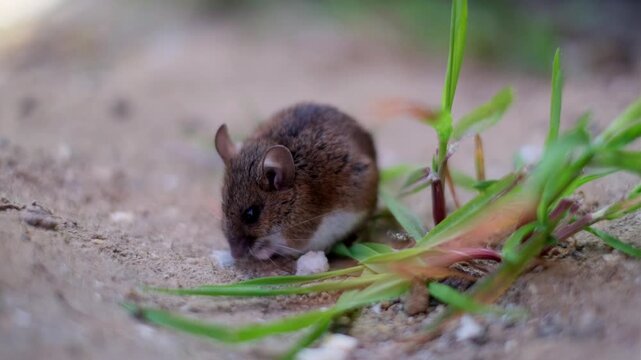 A small mouse finds some little pieces of food and picks it up to eat. The shot is locked off and has a narrow depth of field on the critter. This is recorded in a garden with some dry dirt and grass.
