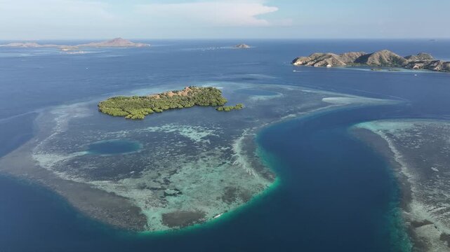 Aerial view of the natural scenery of the coral atolls in East Nusa Tenggara, Komodo, Indonesia
