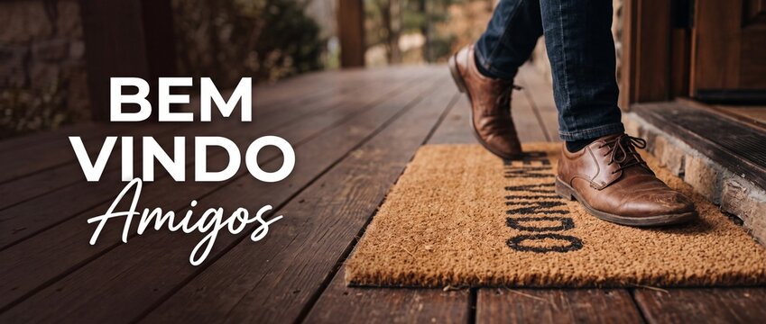 Bem vindo welcome doormat feet stepping into house, close up of man in brown leather shoes entering cozy home on rustic wooden porch, friendly hospitality greeting and invitation concept banner.