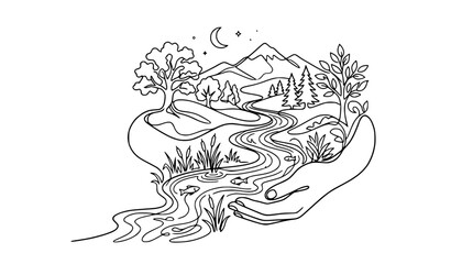 Obraz premium Nature landscape in hands illustration, river, mountains, trees, fish, moon, stars