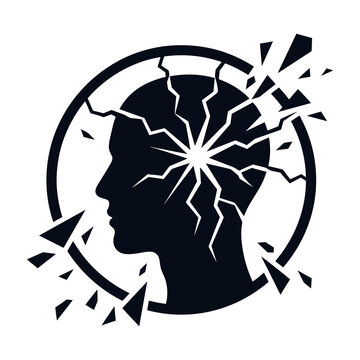 Cracked head silhouette with broken brain inside circle symbolizing mental health issues