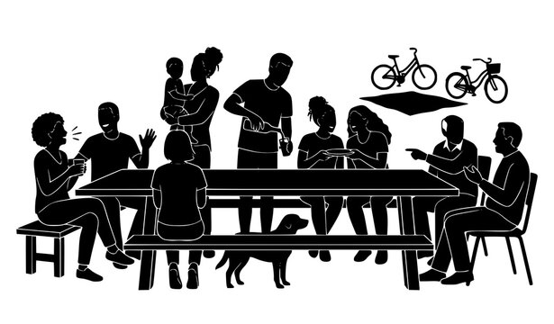 Community Family Gathering Picnic Table People Silhouette Vector