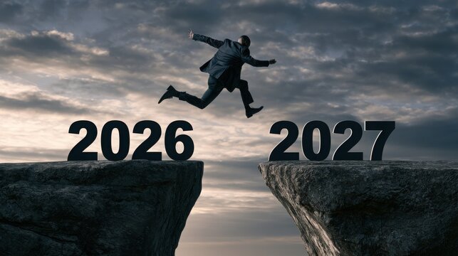Businessman leaping over a gap between 2026 and 2027 years for new year business growth