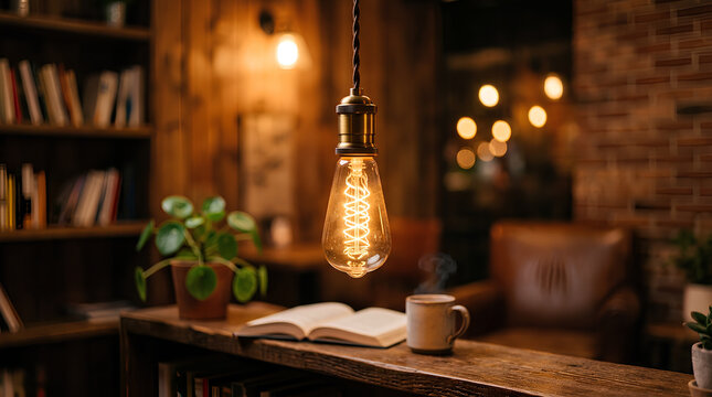 Vintage Edison bulb glowing in cozy library with coffee and book
