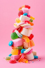 Fototapeta premium Colorful stacked pile of assorted gummy candies and marshmallows creating a sweet tower on a vibrant pink background