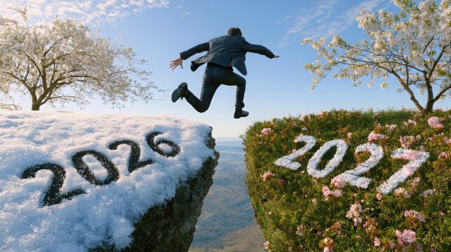 Businessman jumping over a gap between 2026 and 2027 representing new year business goals