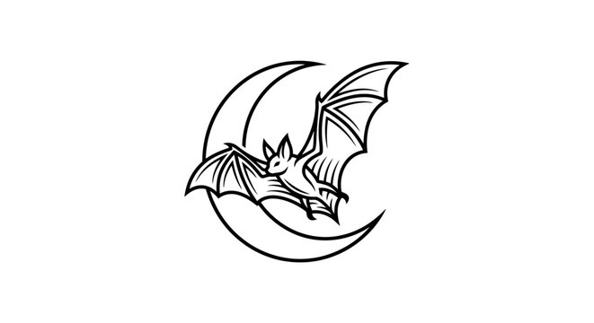 Bat Flying Near Crescent Moon Stylized Illustration