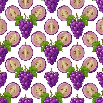 Seamless purple grape pattern background vector illustration with whole bunches and halved fruits