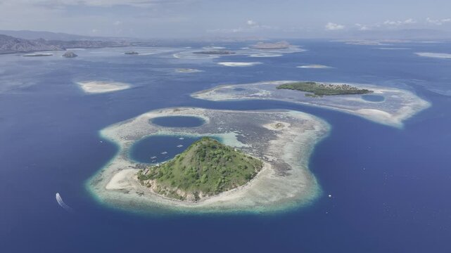 Aerial view of the natural scenery of the coral atolls in East Nusa Tenggara, Komodo, Indonesia
