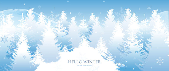 Obraz premium Hello winter background vector with snowy pine forest, misty blue landscape and soft watercolor atmosphere for seasonal greeting card