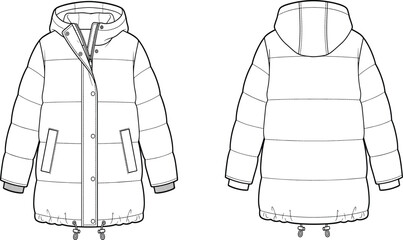 Puffer jacket technical sketch vector illustration of front and back views with hood and zipper © Tumpa Rani