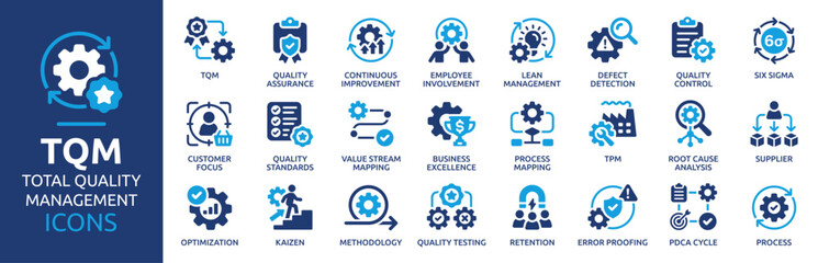 Total Quality Management Icon Set. TQM, Quality Assurance, Quality Control, Continuous Improvement, Lean Management, Six Sigma and Kaizen Solid Vector Icons Collection