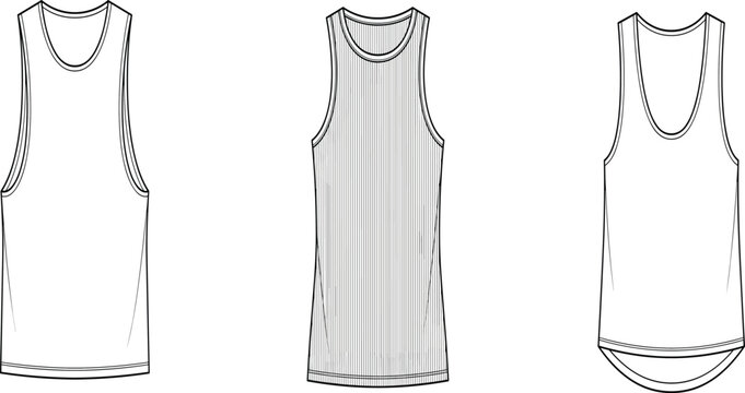 Tank top fashion flat sketches vector illustration of apparel designs, sleeveless shirts and ribbed sportswear