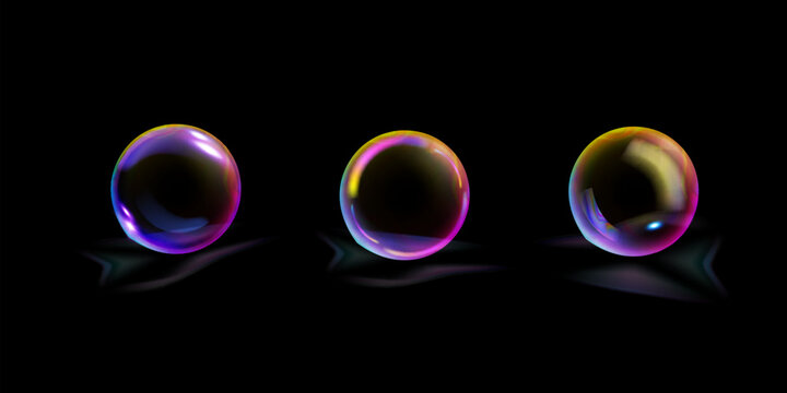 realistic colorful soap bubbles to create a design. Transparent realistic soap bubbles isolated on transparent background.