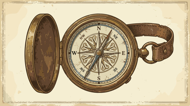Vintage brass pocket compass with open lid and leather strap, detailed nautical navigation tool, antique explorer gear