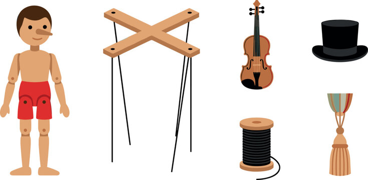 Vintage Wooden Marionette Puppet Theater Vector Set with Control Bar Violin Top Hat String Spool and Stage Tassel