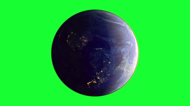 Planet Earth rotating animation with glowing city lights green screen footage