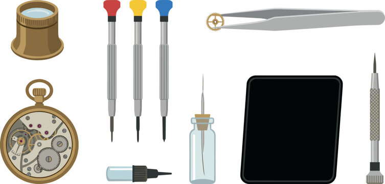 Watch Repair Tool Vector Icon Set Featuring Pocket Watch Movement Loupe Precision Screwdrivers Tweezers Oil Pin and Work Pad