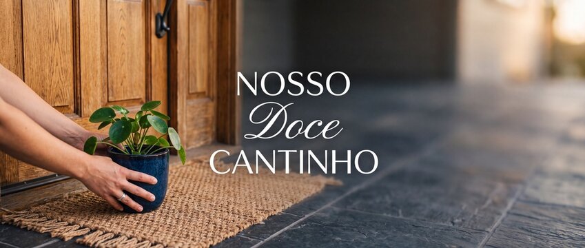 Potted green plant placed on doorway welcome mat for cozy home entrance decoration with Portuguese text saying Nosso Doce Cantinho signifying warm hospitality and cozy new housewarming vibes to greet!