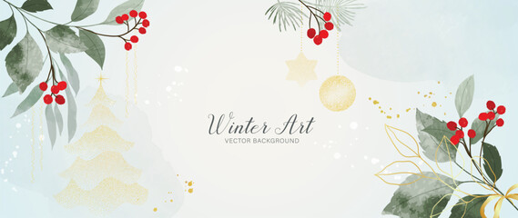 Obraz premium Winter botanical background vector with red birds, pine branches and delicate festive accents on soft cream seasonal card design