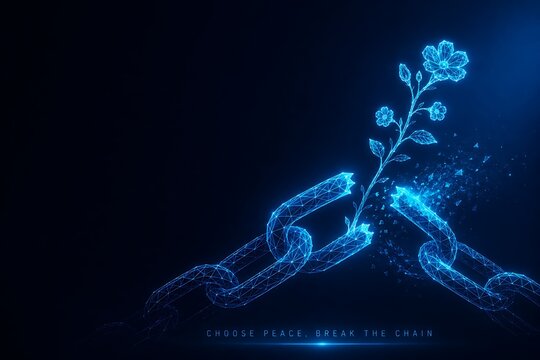 Digital glowing flower growing from broken metal chains symbolizing freedom and hope. non-violence with broken chain digital art polygonal art abstract flower chain link. non-violence