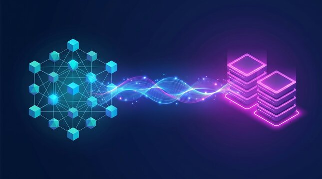 Abstract data synchronization concept showing decentralized blockchain nodes sending information to server storage clusters with glowing light streams