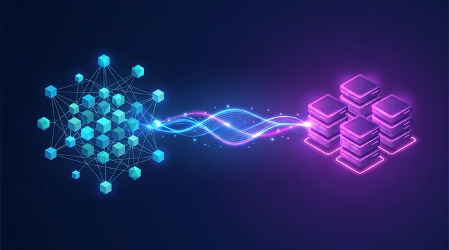Secure data transmission concept illustrating blockchain nodes connected to glowing server storage clusters with vibrant fiber optic light streams on blue background