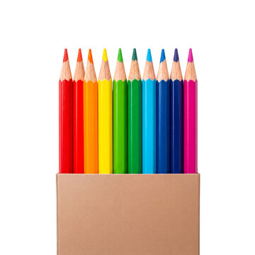 Vibrant rainbow-colored pencils neatly arranged upright in a natural brown cardboard box.