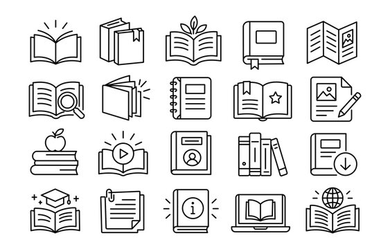 Education and Book Line Icons Collection, outline book and library education icon set


