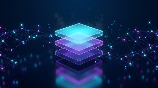 Modern data center server rack with glowing glass layers and interconnected network nodes on dark background for cloud computing and information technology business concepts