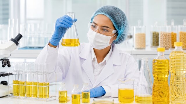 scientist in protective gear analyzes yellow liquid samples in a laboratory filled with glassware and bottled oils.