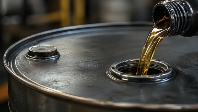 Dark liquid, possibly oil, is being poured into a metal drum with a closed valve on the surface.