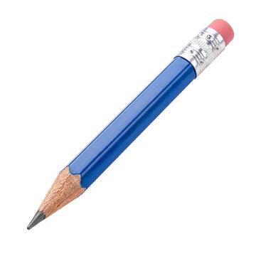 Realistic photograph of a classic blue wooden pencil with a pink eraser, sharpened and ready for use.