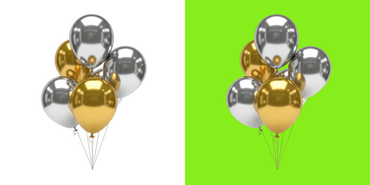Bunch of shiny gold and silver balloons 3D render