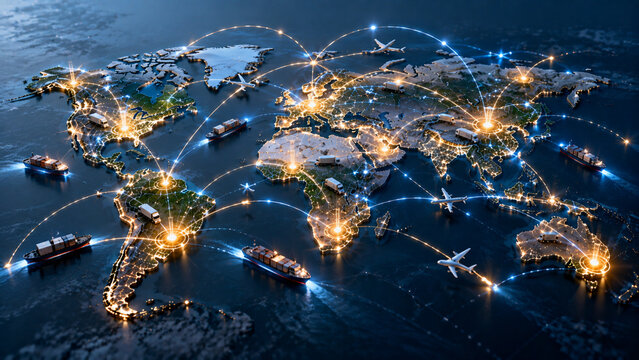 Global supply chain network map with cargo ships and airplanes